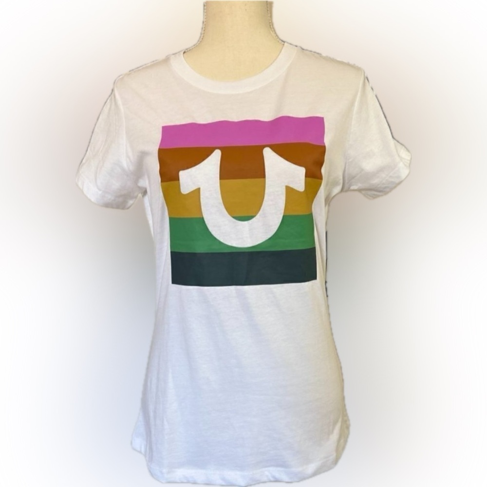 NWT True Religion White Graphic Tee with Multicolor Logo